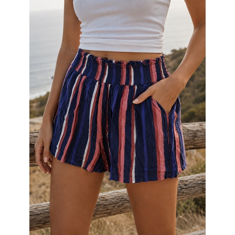 Angie Striped High Rise Elastic Waist Shorts Navy Red Pink Small